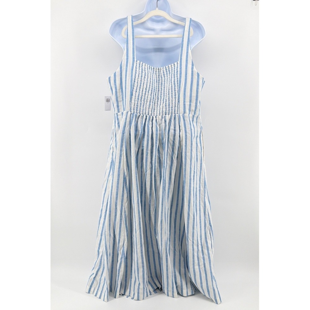 NWT Old Navy Linen Blend Striped Midi Dress Sweetheart Notch Pockets XL Blue - Picture 7 of 12